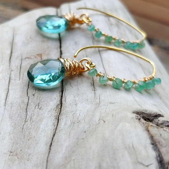 🛑SOLD🛑Natural Emerald & Aquamarine Briolette Earrings - Wedding Collection - Picture 2 of 4